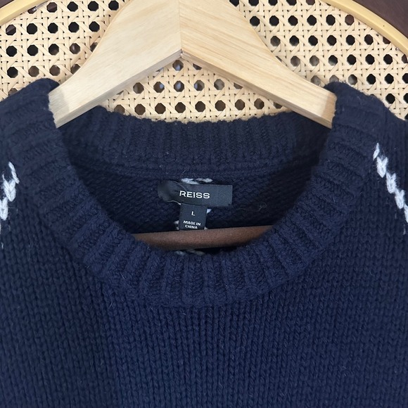 NWOT Reiss Navy Blue White Argyle Knit Wool Blend Pullover Sweater Size Large - Picture 5 of 9
